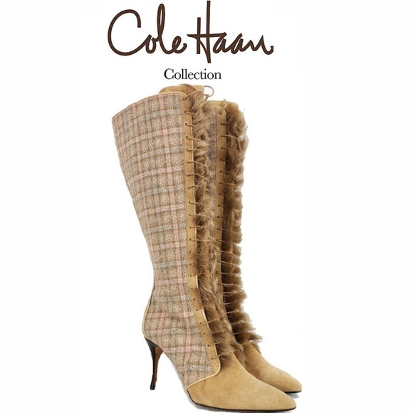 Cole Haan Shoes - COLE HAAN CAMEL SUEDE KNEE HI BOOTS PLAID ACCENTS